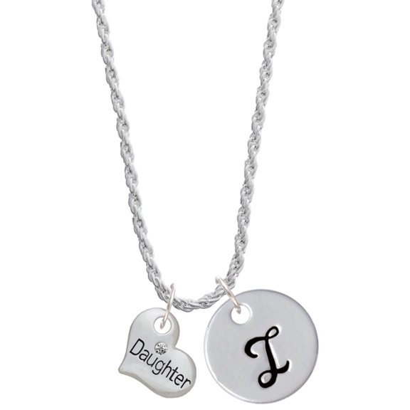 Delight Jewelry Silvertone Small ''Daughter'' Heart with Clear Crystal Silvertone Script Initial Disc - I - Charm Necklace, 20"+3"