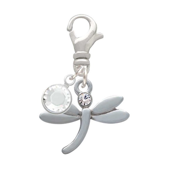 Delight Jewelry Silvertone Small Dragonfly with Crystal - Silvertone Clip on Charm with Clear Crystal Drop