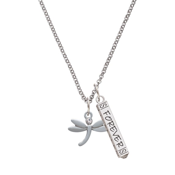 Delight Jewelry Silvertone Small Dragonfly with Crystal Silvertone Forever Bar Charm Necklace, 23"
