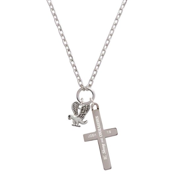 Delight Jewelry Silvertone Small Eagle - Mascot Be Strong and Courageous Engraved Cross Zoey Necklace, 28"