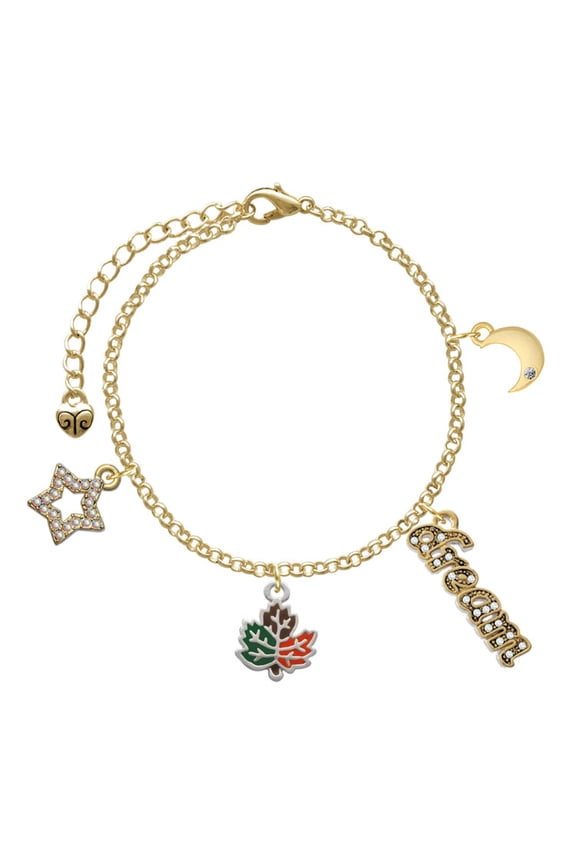 Silvertone Small Enamel Fall Leaf Goldtone Dream Big Charm Bracelet, 7.5+2" Extender