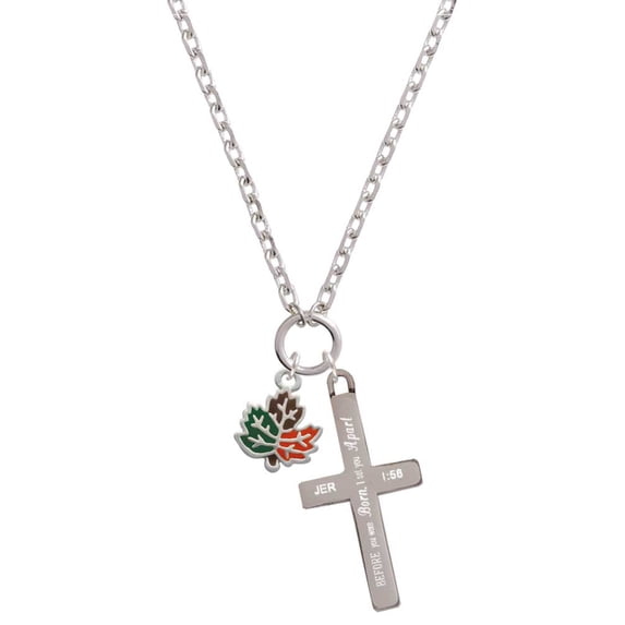 Delight Jewelry Silvertone Small Enamel Fall Leaf I Set You Apart Engraved Cross Zoey Necklace, 28"