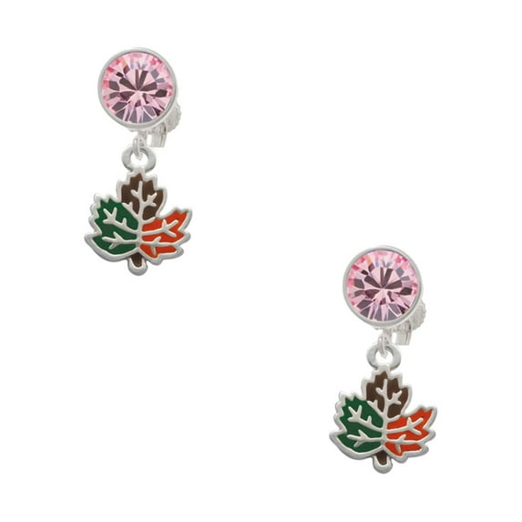 Delight Jewelry Silvertone Small Enamel Fall Leaf Pink Crystal Clip on Earrings
