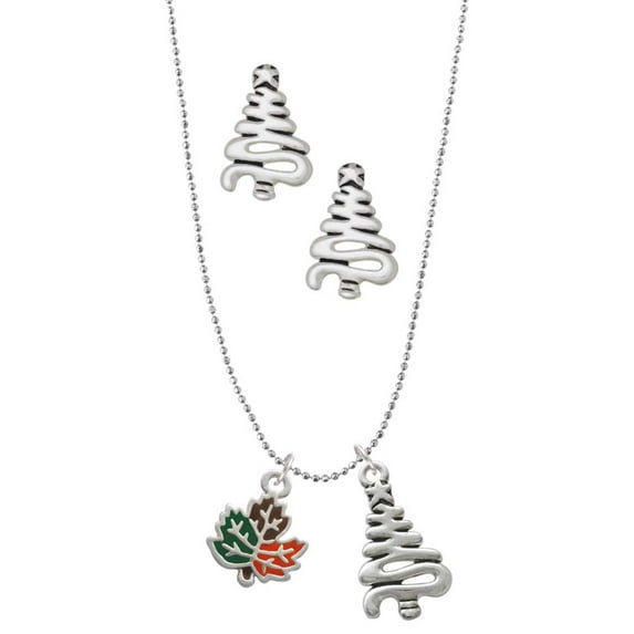 Delight Jewelry Silvertone Small Enamel Fall Leaf Silver tone Zig Zag Christmas Tree Charm Necklace and Stud Earrings