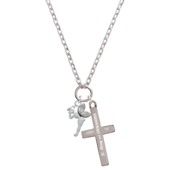 Delight Jewelry Silvertone Small Fairy with Clear Wings Be Strong and Courageous Engraved Cross Zoey Necklace, 28"