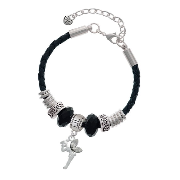 Delight Jewelry Silvertone Small Fairy with Clear Wings Middle Sister Celtic Knot Leather Bead Bracelet, 7"+2" Extender