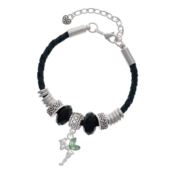 Delight Jewelry Silvertone Small Fairy with Lime Green Wings Godmother Celtic Knot Leather Bead Bracelet, 7"+2" Extender