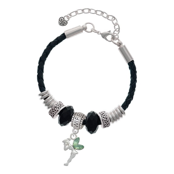 Delight Jewelry Silvertone Small Fairy with Lime Green Wings Wife Celtic Knot Leather Bead Bracelet, 7"+2" Extender