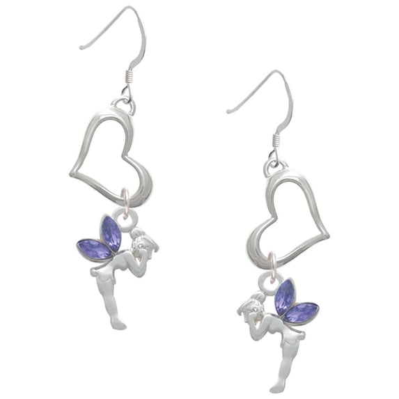 Delight Jewelry Silvertone Small Fairy with Purple Wings Open Heart French Earrings