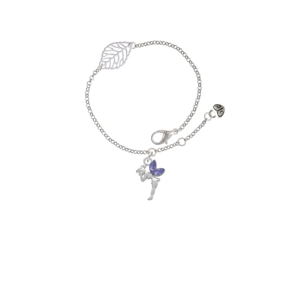 Delight Jewelry Silvertone Small Fairy with Purple Wings - Silvertone Leaf Delicate Bracelet, 6.25+1.75"