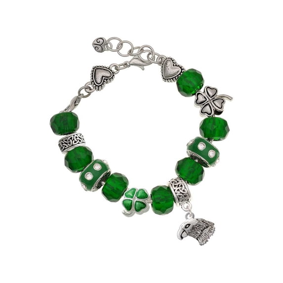Delight Jewelry Silvertone Small Falcon - Mascot - Green Irish Luck Bead Charm Bracelet, 7.5"