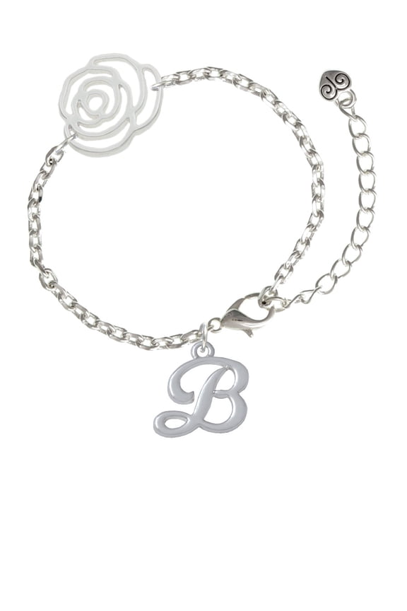 Silvertone Small Gelato Script Initial - B - Silver-tone Flower Link Chain Bracelet, 6.75"+2" Extender