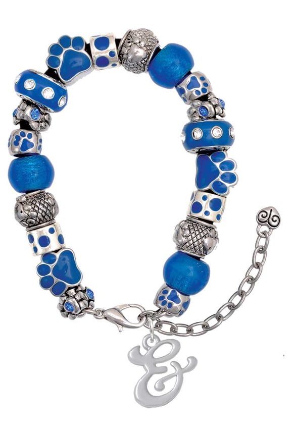 Silvertone Small Gelato Script Initial - & - Blue Paw Print Bead Bracelet, 7"+2"