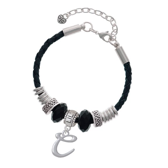 Delight Jewelry Silvertone Small Gelato Script Initial - C - Middle Sister Celtic Knot Leather Bead Bracelet, 7"+2" Extender