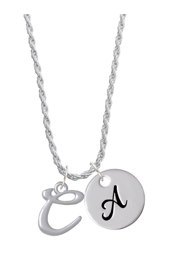 Silvertone Small Gelato Script Initial - C - Silvertone Script Initial Disc - A - Charm Necklace, 20"+3"
