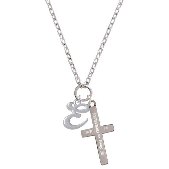 Delight Jewelry Silvertone Small Gelato Script Initial - E - Be Strong and Courageous Engraved Cross Zoey Necklace, 28"