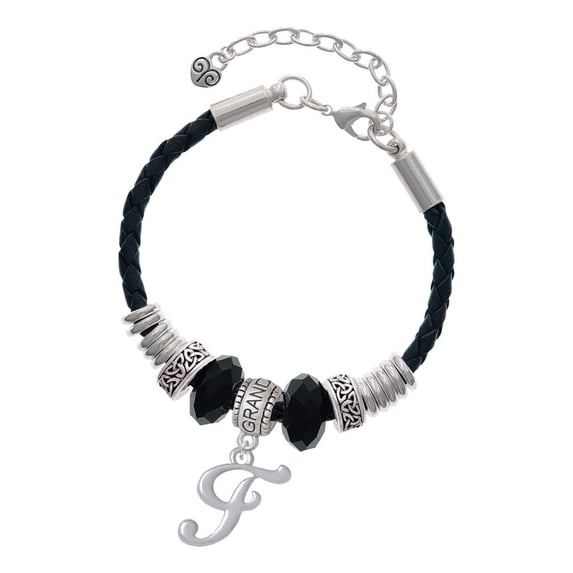 Delight Jewelry Silvertone Small Gelato Script Initial - F - Granddaughter Celtic Knot Leather Bead Bracelet, 7"+2" Extender