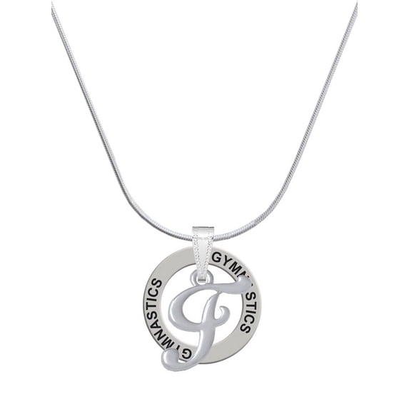 Delight Jewelry Silvertone Small Gelato Script Initial - F - Gymnastics Ring Charm Necklace, 18"