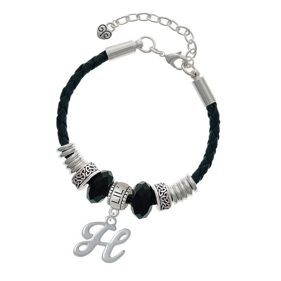Delight Jewelry Silvertone Small Gelato Script Initial - H - Middle Sister Celtic Knot Leather Bead Bracelet, 7"+2" Extender
