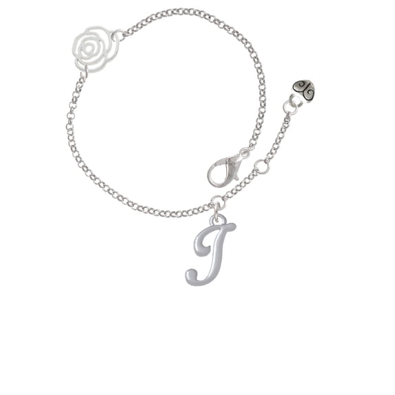 Delight Jewelry Silvertone Small Gelato Script Initial - I - Silver-tone Rose Link Chain Bracelet, 6.25"+1.75" Extender