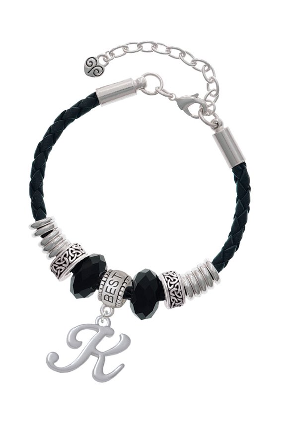 Silvertone Small Gelato Script Initial - K - Best Friend Celtic Knot Leather Bead Bracelet, 7"+2" Extender
