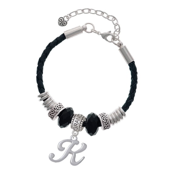 Delight Jewelry Silvertone Small Gelato Script Initial - K - Granddaughter Celtic Knot Leather Bead Bracelet, 7"+2" Extender