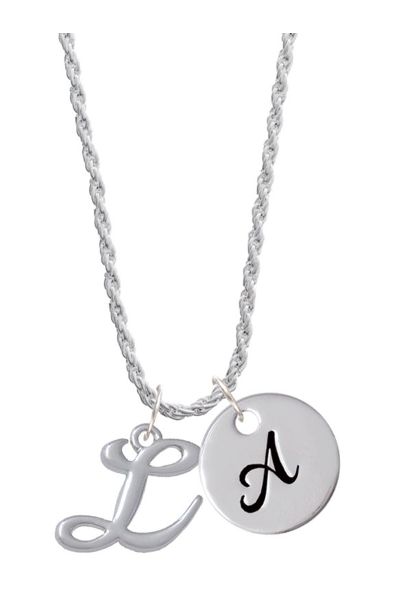 Silvertone Small Gelato Script Initial - L - Silvertone Script Initial Disc - A - Charm Necklace, 20"+3"