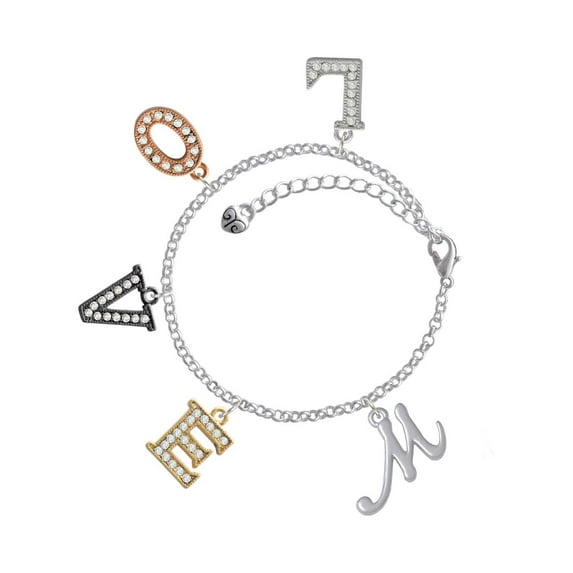 Delight Jewelry Silvertone Small Gelato Script Initial - M - Multi-Colored Crystal Love Charm Bracelet