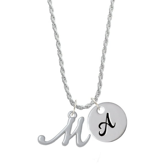 Delight Jewelry Silvertone Small Gelato Script Initial - M - Silvertone Script Initial Disc - A - Charm Necklace, 20"+3"