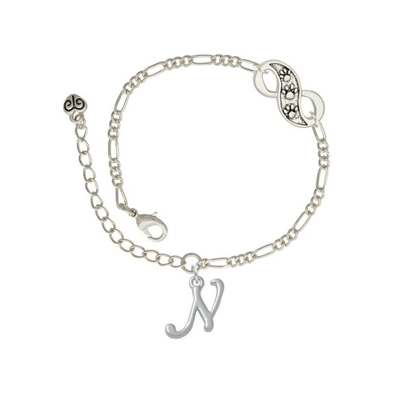 Delight Jewelry Silvertone Small Gelato Script Initial - N - Silver-tone Paw Infinity Link Chain Bracelet, 6"+2" Extender