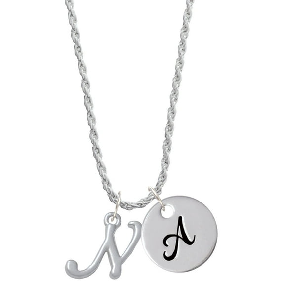 Delight Jewelry Silvertone Small Gelato Script Initial - N - Silvertone Script Initial Disc - A - Charm Necklace, 20"+3"