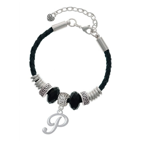 Delight Jewelry Silvertone Small Gelato Script Initial - P - Niece Celtic Knot Leather Bead Bracelet, 7"+2" Extender