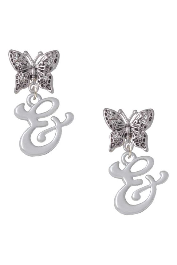 Silvertone Small Gelato Script Initial - & - Silvertone Antiqued Butterfly Post Earrings