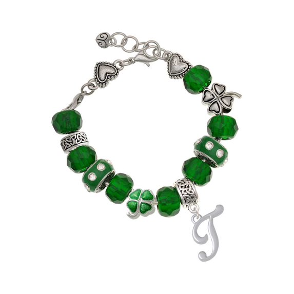 Delight Jewelry Silvertone Small Gelato Script Initial - T - Green Irish Luck Bead Charm Bracelet, 7.5"