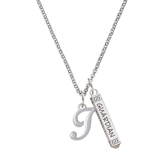 Delight Jewelry Silvertone Small Gelato Script Initial - T - Silvertone Guardian Angel Bar Charm Necklace, 23"