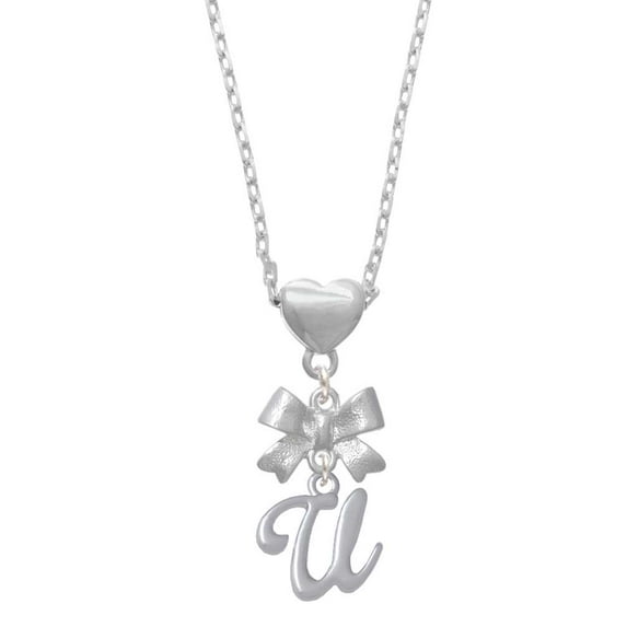 Delight Jewelry Silvertone Small Gelato Script Initial - U - Silver tone Bow Heart Necklace