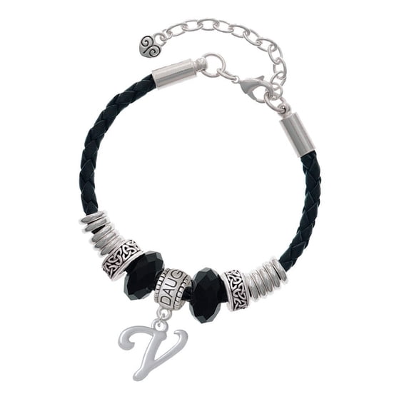 Delight Jewelry Silvertone Small Gelato Script Initial - V - Daughter Celtic Knot Leather Bead Bracelet, 7"+2" Extender