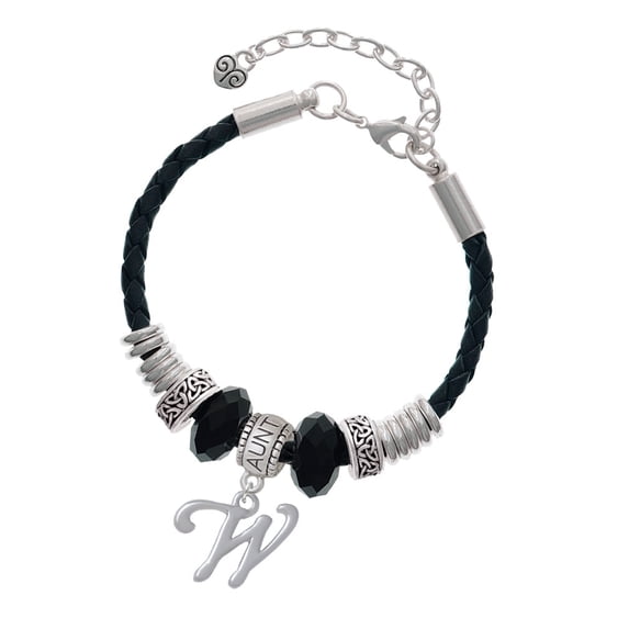 Delight Jewelry Silvertone Small Gelato Script Initial - W - Aunt Celtic Knot Leather Bead Bracelet, 7"+2" Extender