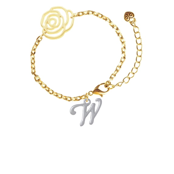 Delight Jewelry Silvertone Small Gelato Script Initial - W - Gold-tone Flower Link Chain Bracelet, 6.75"+2" Extender