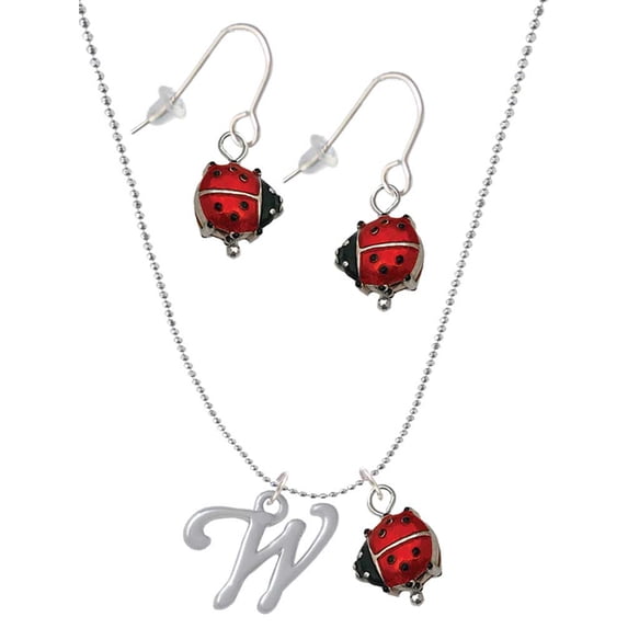 Delight Jewelry Silvertone Small Gelato Script Initial - W - Red Lucky Ladybug Necklace and Dangle Earrings Set