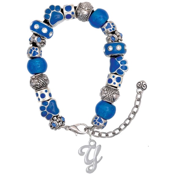 Delight Jewelry Silvertone Small Gelato Script Initial - Y - Blue Paw Print Bead Bracelet, 7"+2"