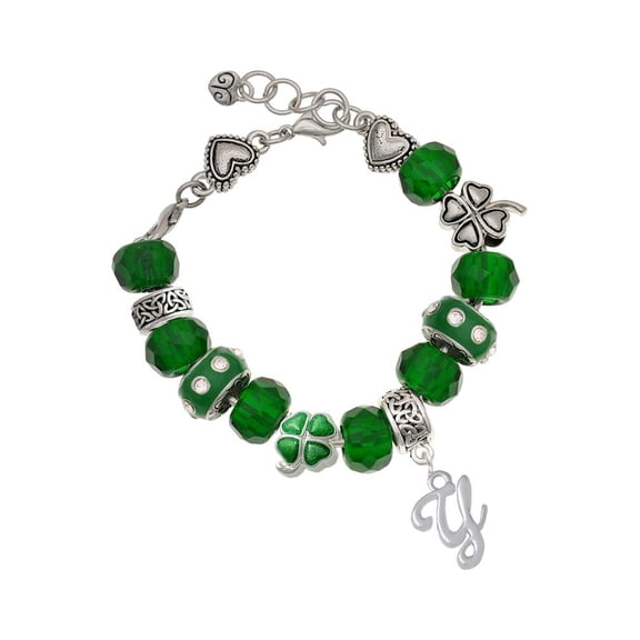 Delight Jewelry Silvertone Small Gelato Script Initial - Y - Green Irish Luck Bead Charm Bracelet, 7.5"