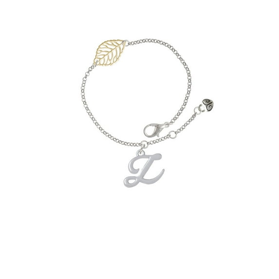 Delight Jewelry Silvertone Small Gelato Script Initial - Z - - Goldtone Leaf Delicate Bracelet, 6.25+1.75"