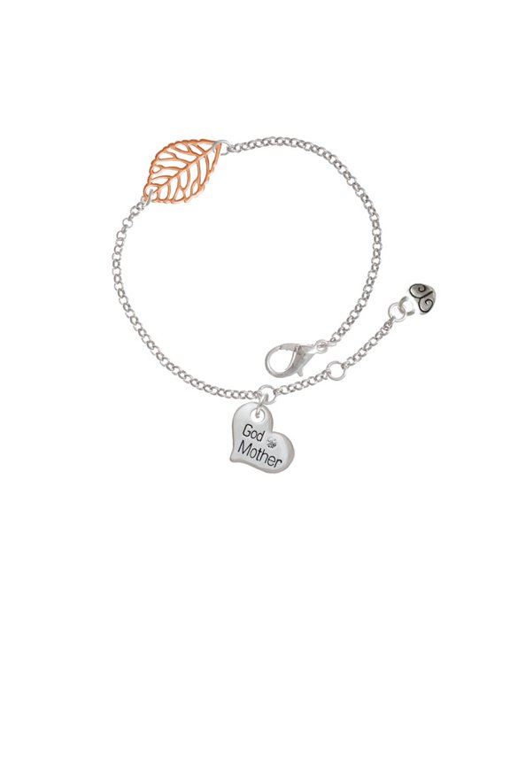 Silvertone Small ''Godmother'' Heart with Clear Crystal - Rose Goldtone Leaf Delicate Bracelet, 6.25+1.75"