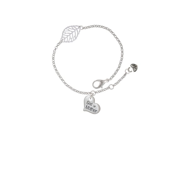 Delight Jewelry Silvertone Small ''Godmother'' Heart with Clear Crystal - Silvertone Leaf Delicate Bracelet, 6.25+1.75"