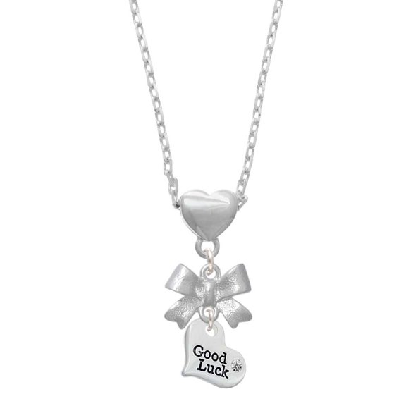 Delight Jewelry Silvertone Small Good Luck Heart Silver tone Bow Heart Necklace