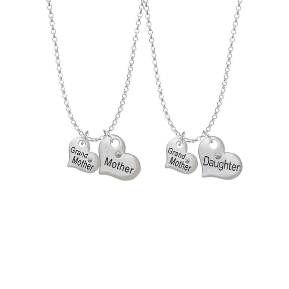 Delight Jewelry Silvertone Small ''Grandmother'' Heart with Clear Crystal Mother & Daughter Heart Necklaces (Set of 2), 19"+2"