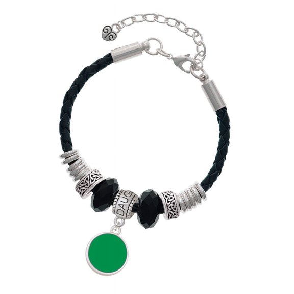 Delight Jewelry Silvertone Small Green Enamel Disc Daughter Celtic Knot Leather Bead Bracelet, 7"+2" Extender