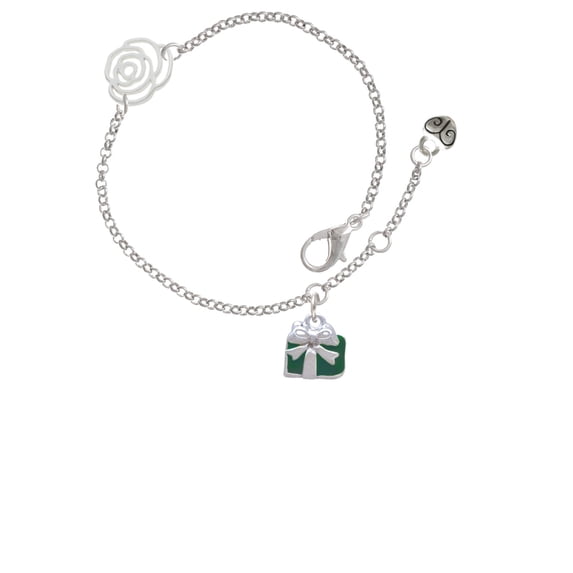 Delight Jewelry Silvertone Small Green Enamel Present Silver-tone Rose Link Chain Bracelet, 6.25"+1.75" Extender
