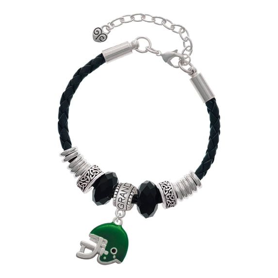 Delight Jewelry Silvertone Small Green Football Helmet Granddaughter Celtic Knot Leather Bead Bracelet, 7"+2" Extender